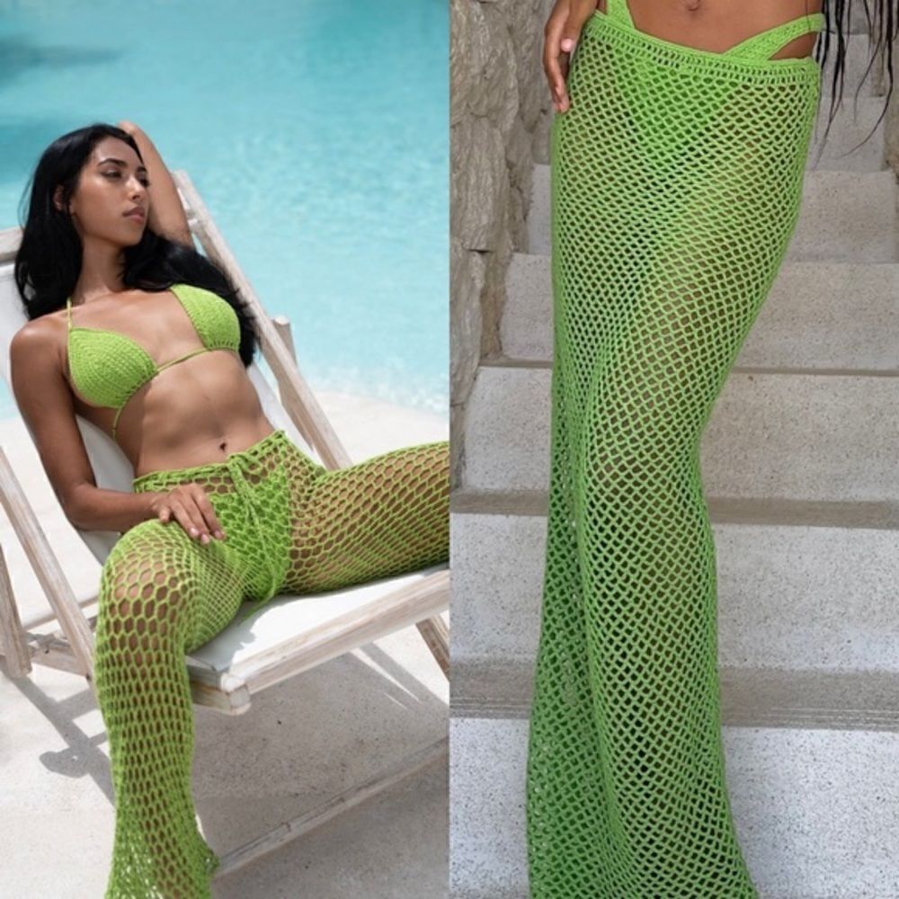 NWT Shondel Ibiza Maxi Green Skirt + Bikini Crochet Set of 3 Pieces Size XS/S